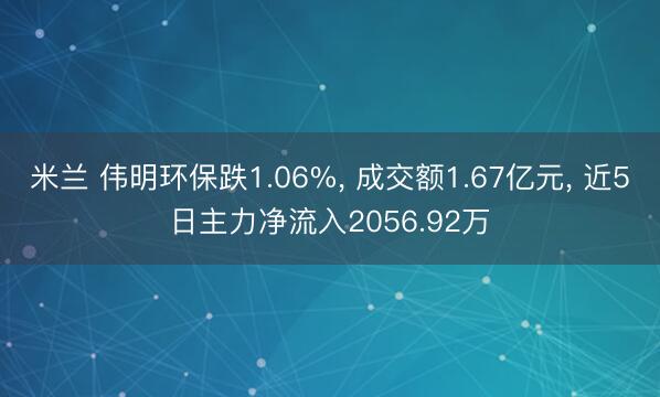 米兰 伟明环保跌1.06%， 成交额1.67亿元， 近5日主力净流入2056.92万